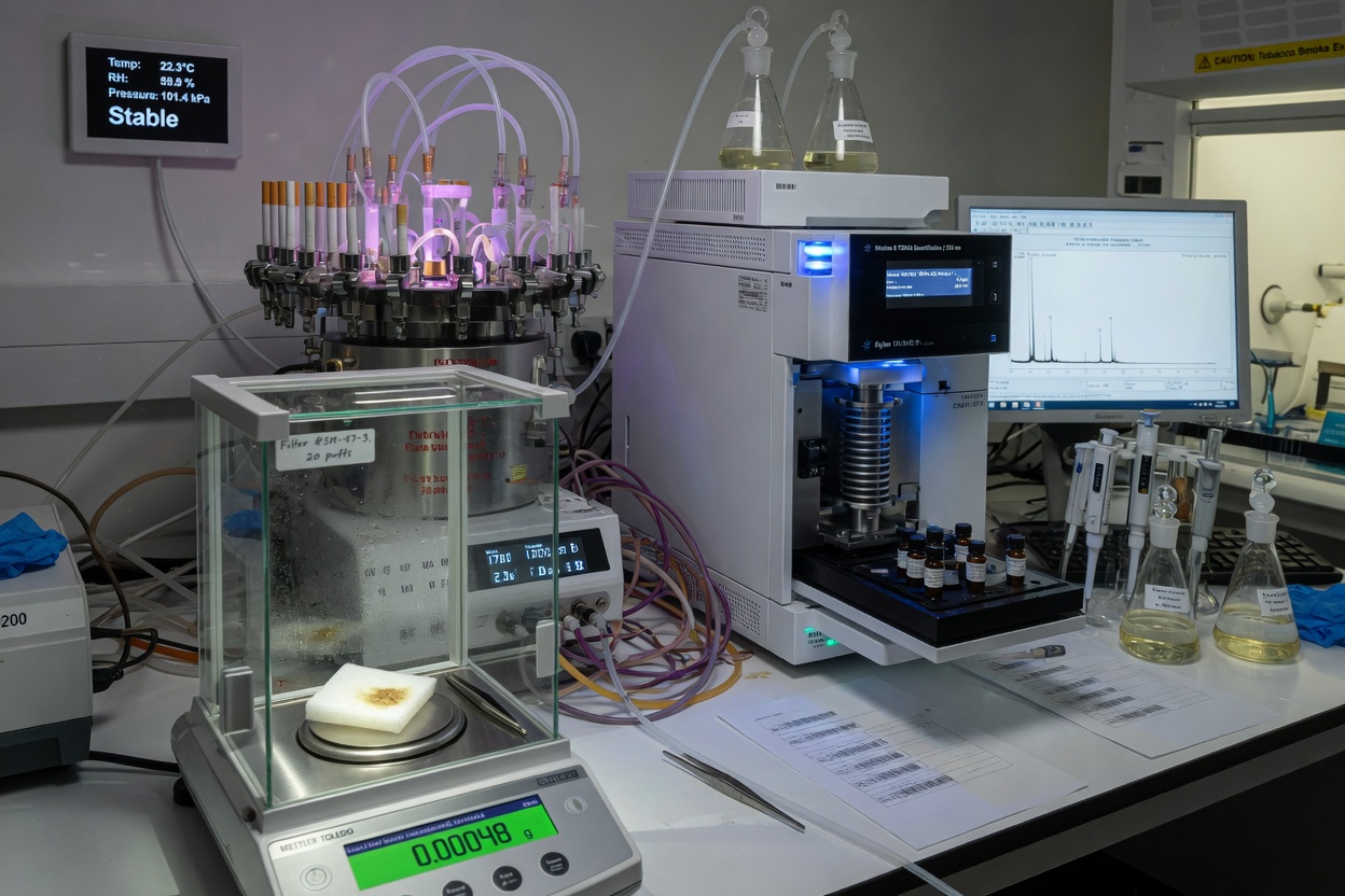 Schematic diagram of laboratory automatic smoking machine and smoke collection device